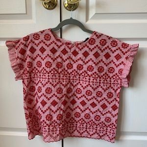 Zara res and white shirt with small holes